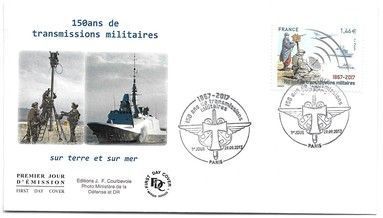 Enveloppe 1er Jour des 150 ans de transmissions militaires « sur terre et sur mer ».
